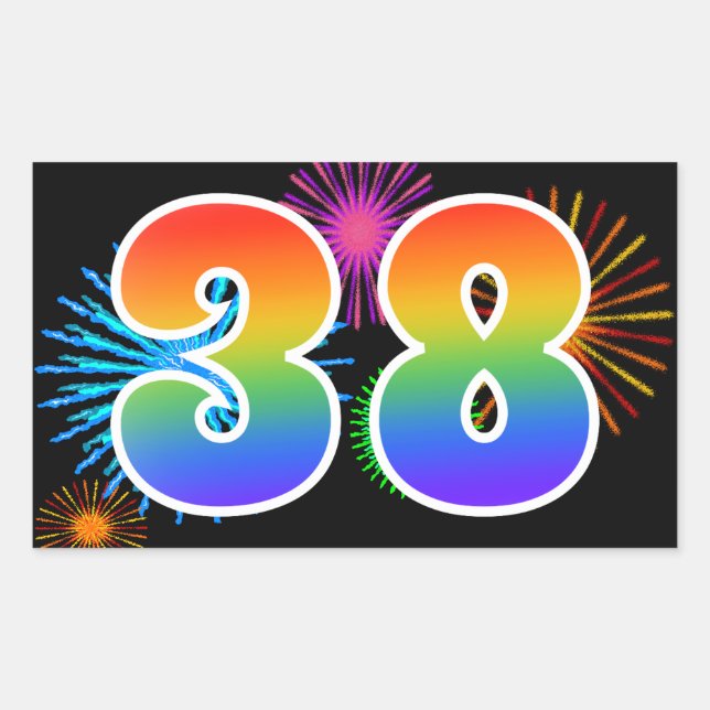 Fun Fireworks + Rainbow Pattern "38" Event Number Sticker (Front)