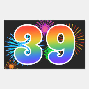 Fun Fireworks + Rainbow Pattern "39" Event Number Sticker