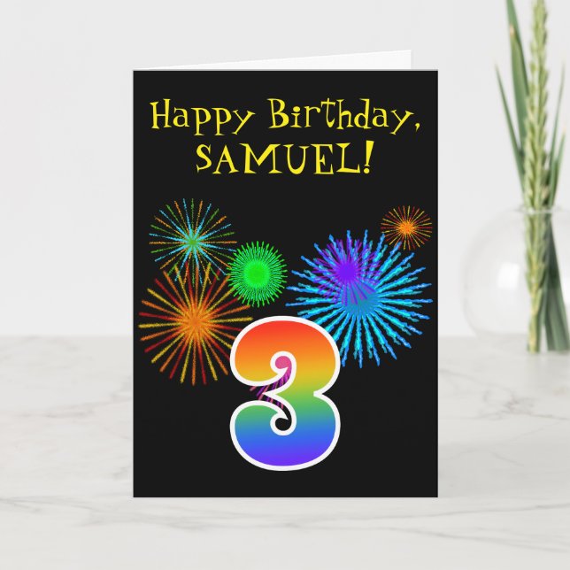 Fun Fireworks + Rainbow Pattern "3" Birthday # Card (Front)