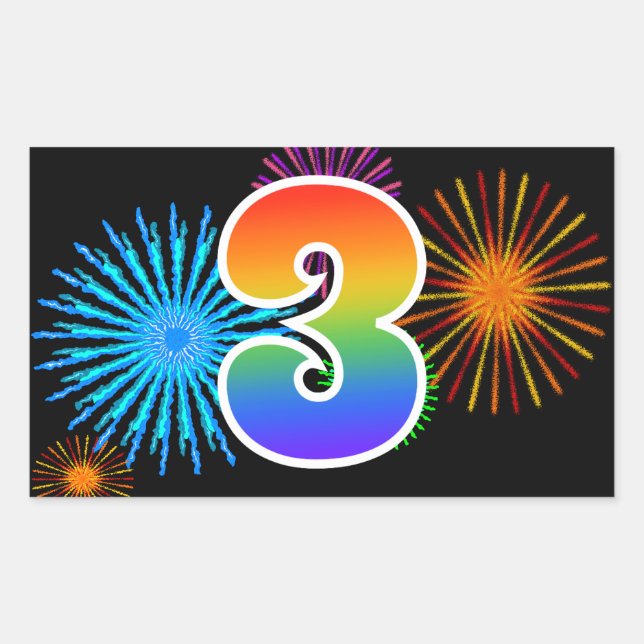 Fun Fireworks + Rainbow Pattern "3" Event Number Sticker (Front)