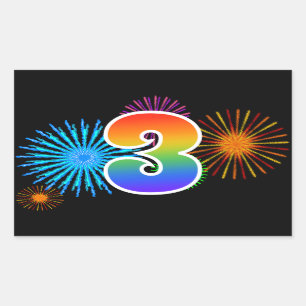 Fun Fireworks + Rainbow Pattern "3" Event Number Sticker
