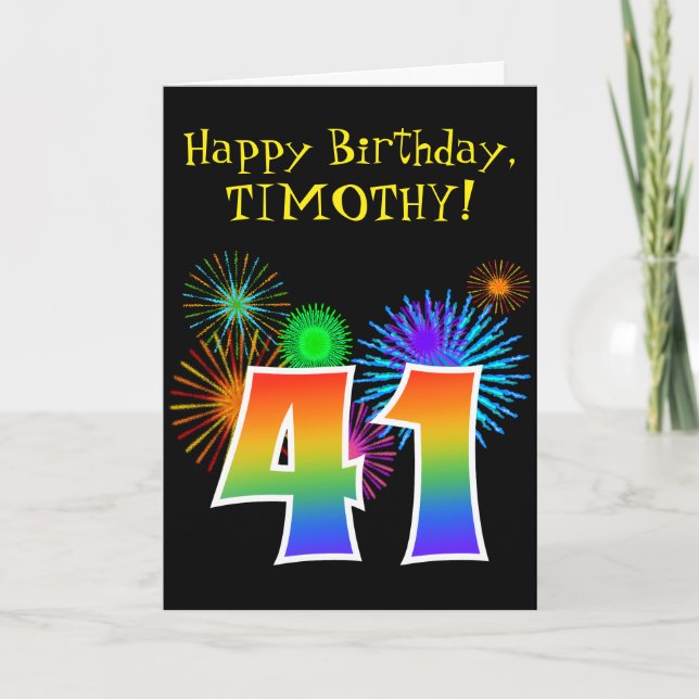Fun Fireworks + Rainbow Pattern "41" Birthday # Card (Front)