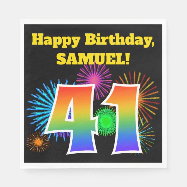 Fun Fireworks + Rainbow Pattern "41" Birthday # Napkin (Front)