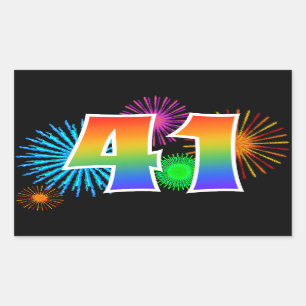 Fun Fireworks + Rainbow Pattern "41" Event Number Sticker