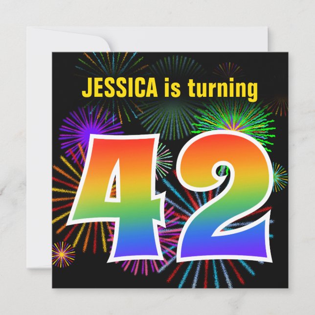 Fun Fireworks + Rainbow Pattern "42" Birthday # Invitation (Front)