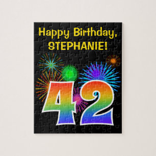 Fun Fireworks + Rainbow Pattern "42" Birthday # Jigsaw Puzzle