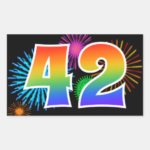Fun Fireworks + Rainbow Pattern "42" Event Number Sticker