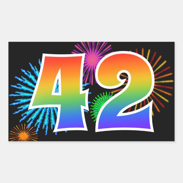 Fun Fireworks + Rainbow Pattern "42" Event Number Sticker (Front)