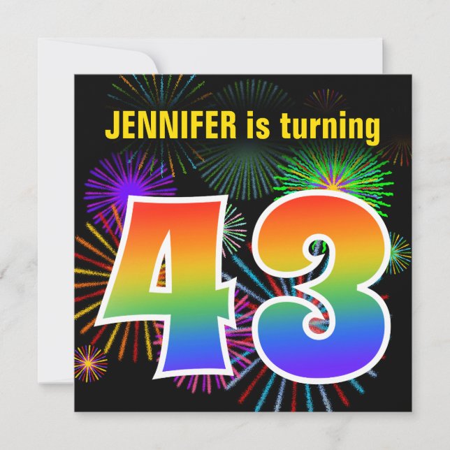 Fun Fireworks + Rainbow Pattern "43" Birthday # Invitation (Front)
