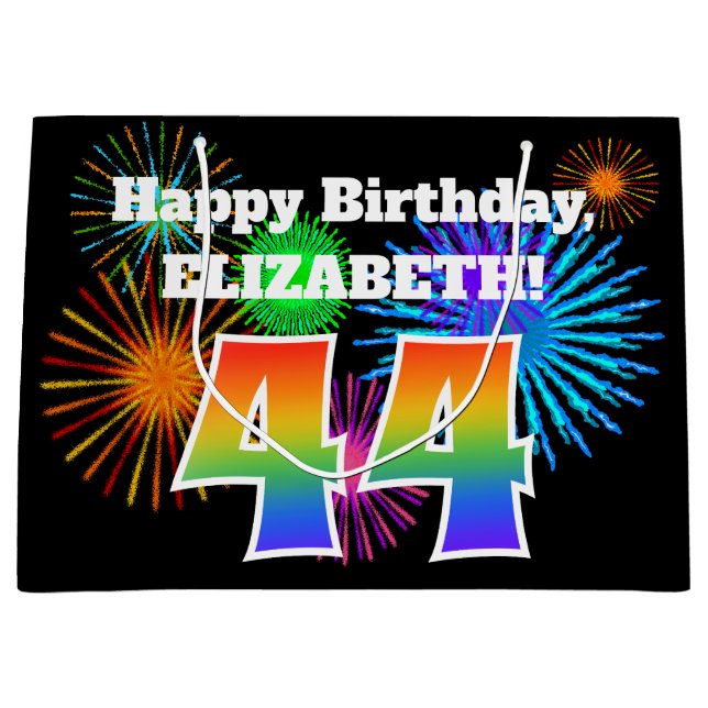 Fun Fireworks + Rainbow Pattern "44" Birthday # Large Gift Bag (Front)