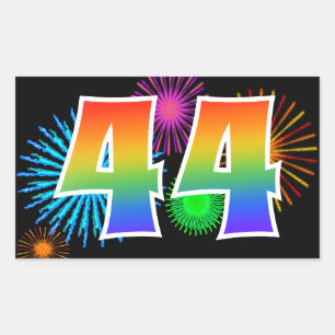 Fun Fireworks + Rainbow Pattern "44" Event Number Sticker