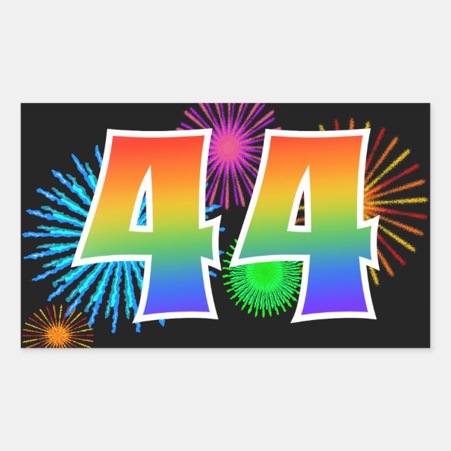 Fun Fireworks + Rainbow Pattern "44" Event Number Sticker (Front)