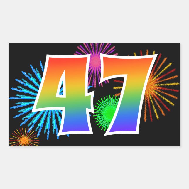 Fun Fireworks + Rainbow Pattern "47" Event Number Sticker (Front)