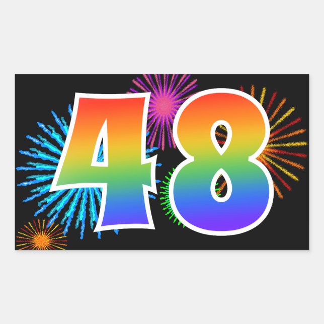 Fun Fireworks + Rainbow Pattern "48" Event Number Sticker (Front)