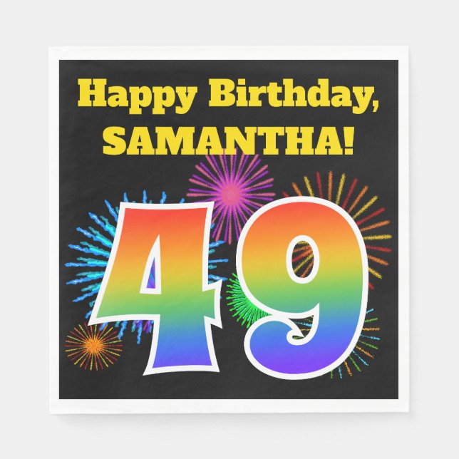 Fun Fireworks + Rainbow Pattern "49" Birthday # Napkin (Front)
