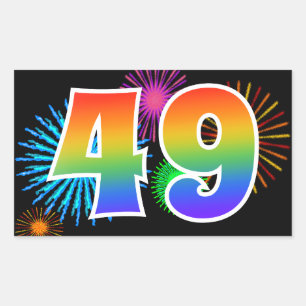 Fun Fireworks + Rainbow Pattern "49" Event Number Sticker