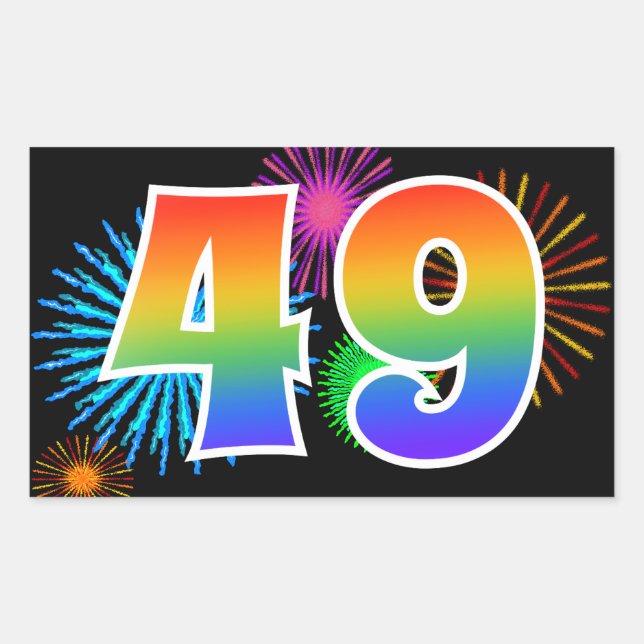 Fun Fireworks + Rainbow Pattern "49" Event Number Sticker (Front)