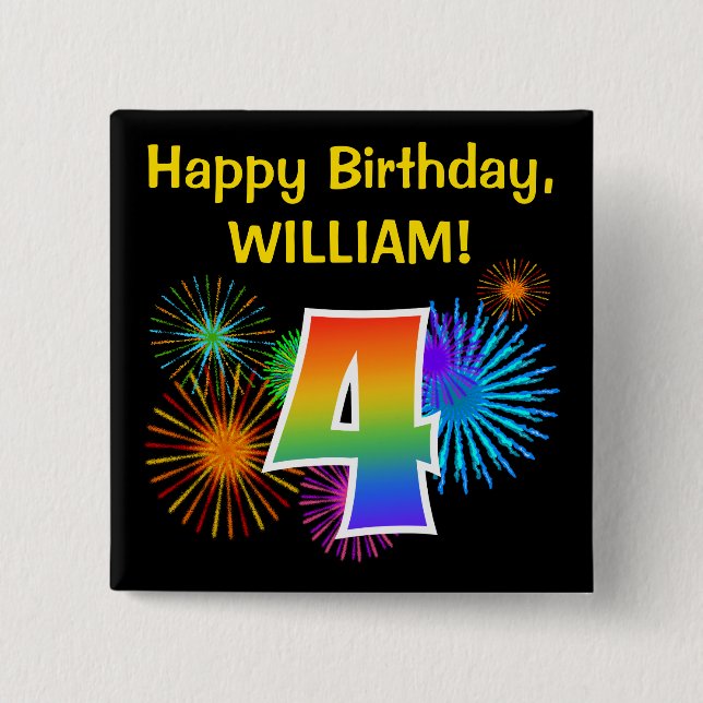Fun Fireworks + Rainbow Pattern "4" Birthday # 2 Inch Square Button (Front)