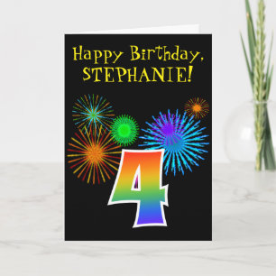 Fun Fireworks + Rainbow Pattern "4" Birthday # Card