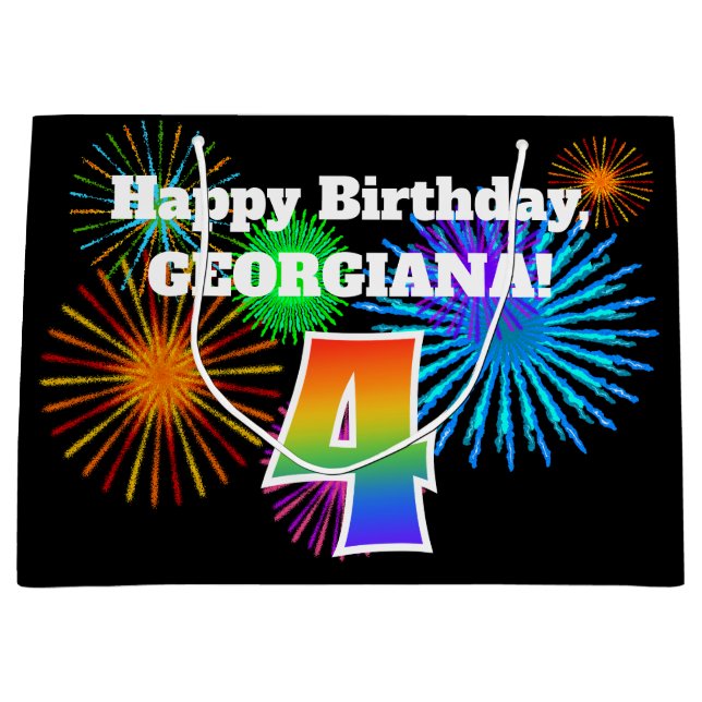 Fun Fireworks + Rainbow Pattern "4" Birthday # Large Gift Bag (Front)