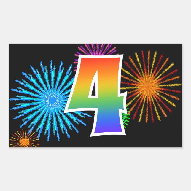 Fun Fireworks + Rainbow Pattern "4" Event Number Sticker (Front)