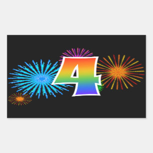 Fun Fireworks + Rainbow Pattern "4" Event Number Sticker