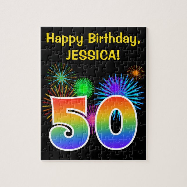 Fun Fireworks + Rainbow Pattern "50" Birthday # Jigsaw Puzzle (Vertical)
