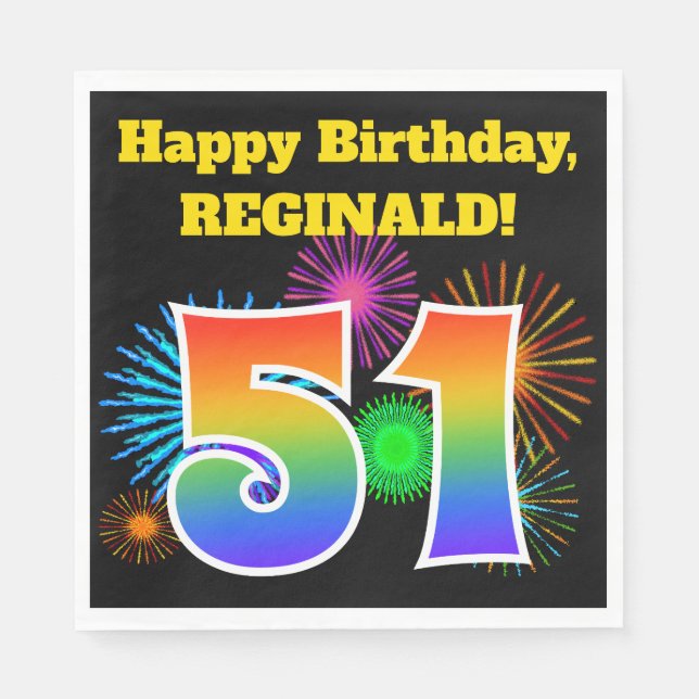 Fun Fireworks + Rainbow Pattern "51" Birthday # Napkin (Front)