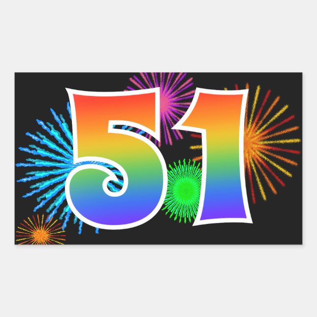 Fun Fireworks + Rainbow Pattern "51" Event Number Sticker (Front)