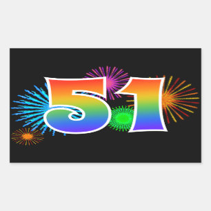 Fun Fireworks + Rainbow Pattern "51" Event Number Sticker