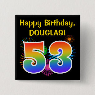Fun Fireworks + Rainbow Pattern "53" Birthday # 2 Inch Square Button