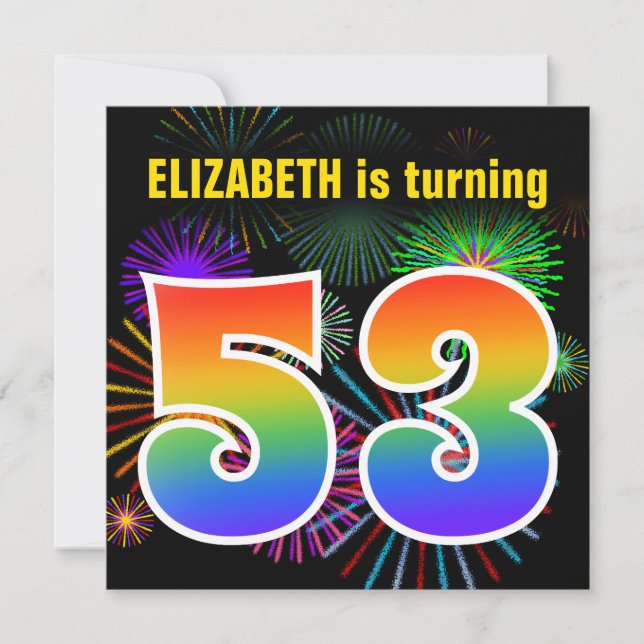 Fun Fireworks + Rainbow Pattern "53" Birthday # Invitation (Front)