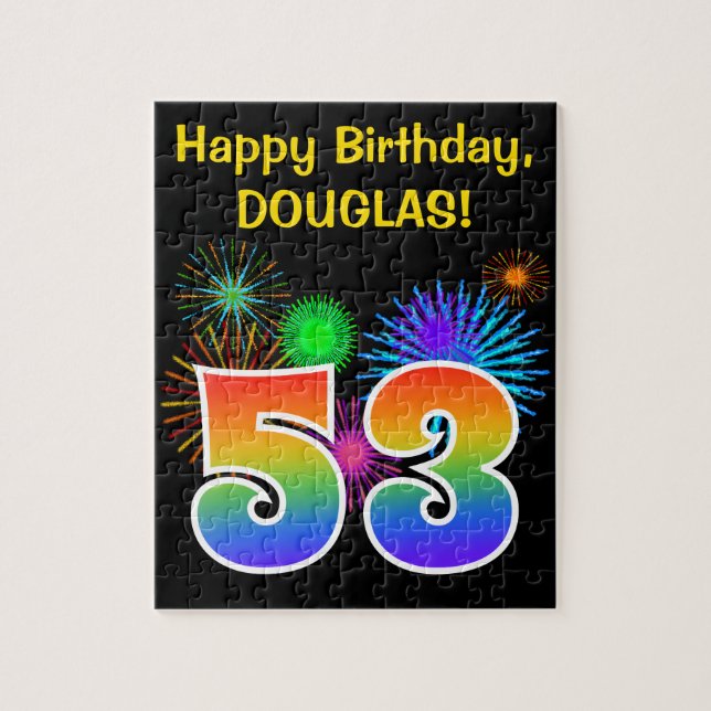 Fun Fireworks + Rainbow Pattern "53" Birthday # Jigsaw Puzzle (Vertical)