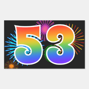 Fun Fireworks + Rainbow Pattern "53" Event Number Sticker