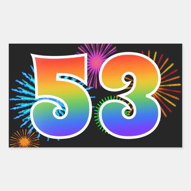 Fun Fireworks + Rainbow Pattern "53" Event Number Sticker (Front)