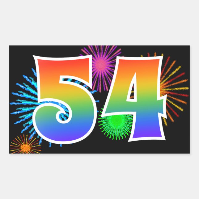 Fun Fireworks + Rainbow Pattern "54" Event Number Sticker (Front)
