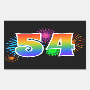 Fun Fireworks + Rainbow Pattern "54" Event Number Sticker