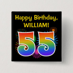 Fun Fireworks + Rainbow Pattern "55" Birthday # 2 Inch Square Button