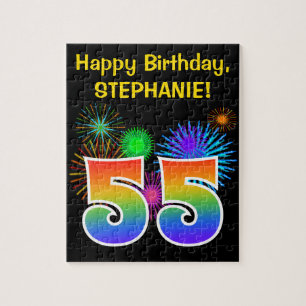 Fun Fireworks + Rainbow Pattern "55" Birthday # Jigsaw Puzzle
