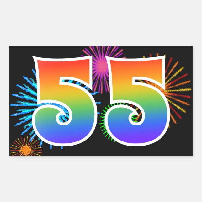 Fun Fireworks + Rainbow Pattern "55" Event Number Sticker (Front)