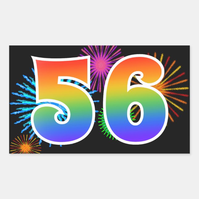 Fun Fireworks + Rainbow Pattern "56" Event Number Sticker (Front)