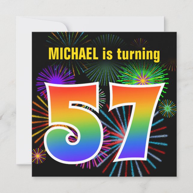 Fun Fireworks + Rainbow Pattern "57" Birthday # Invitation (Front)