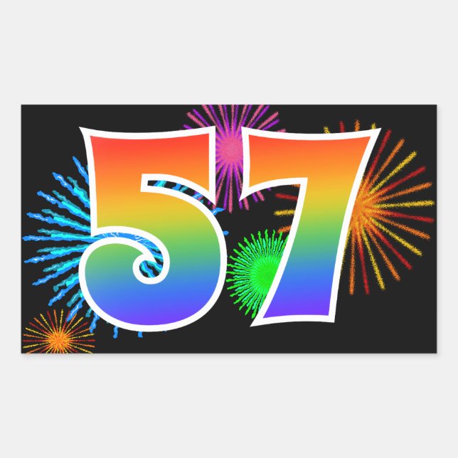 Fun Fireworks + Rainbow Pattern "57" Event Number Sticker (Front)