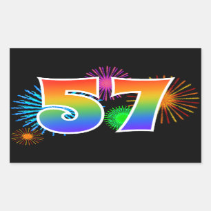 Fun Fireworks + Rainbow Pattern "57" Event Number Sticker