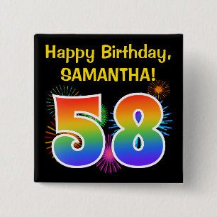 Fun Fireworks + Rainbow Pattern "58" Birthday # 2 Inch Square Button