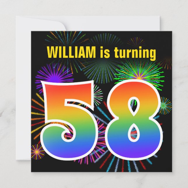 Fun Fireworks + Rainbow Pattern "58" Birthday # Invitation (Front)