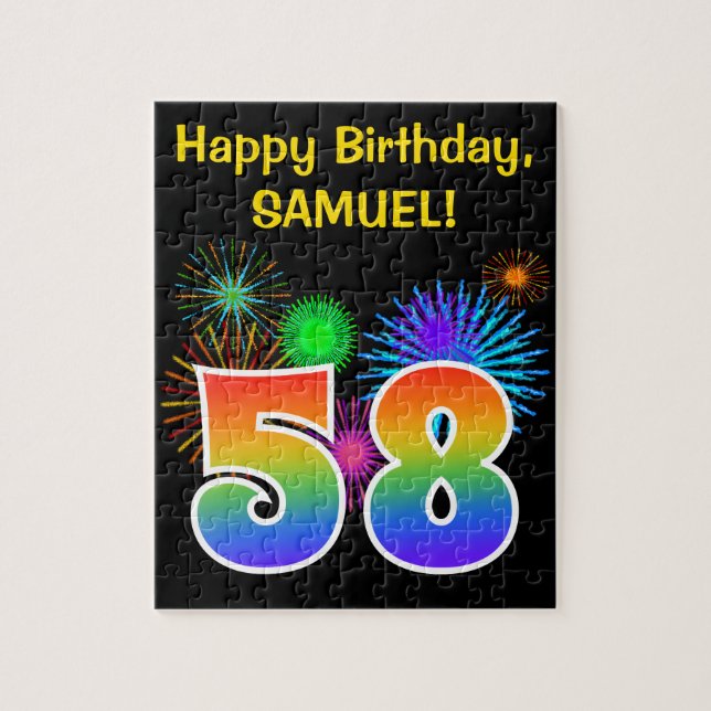 Fun Fireworks + Rainbow Pattern "58" Birthday # Jigsaw Puzzle (Vertical)