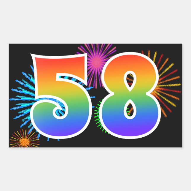 Fun Fireworks + Rainbow Pattern "58" Event Number Sticker (Front)
