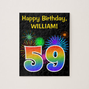 Fun Fireworks + Rainbow Pattern "59" Birthday # Jigsaw Puzzle