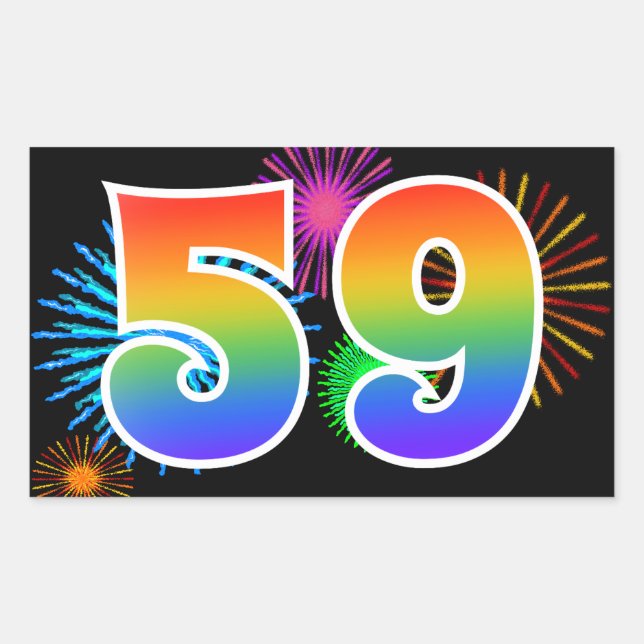 Fun Fireworks + Rainbow Pattern "59" Event Number Sticker (Front)